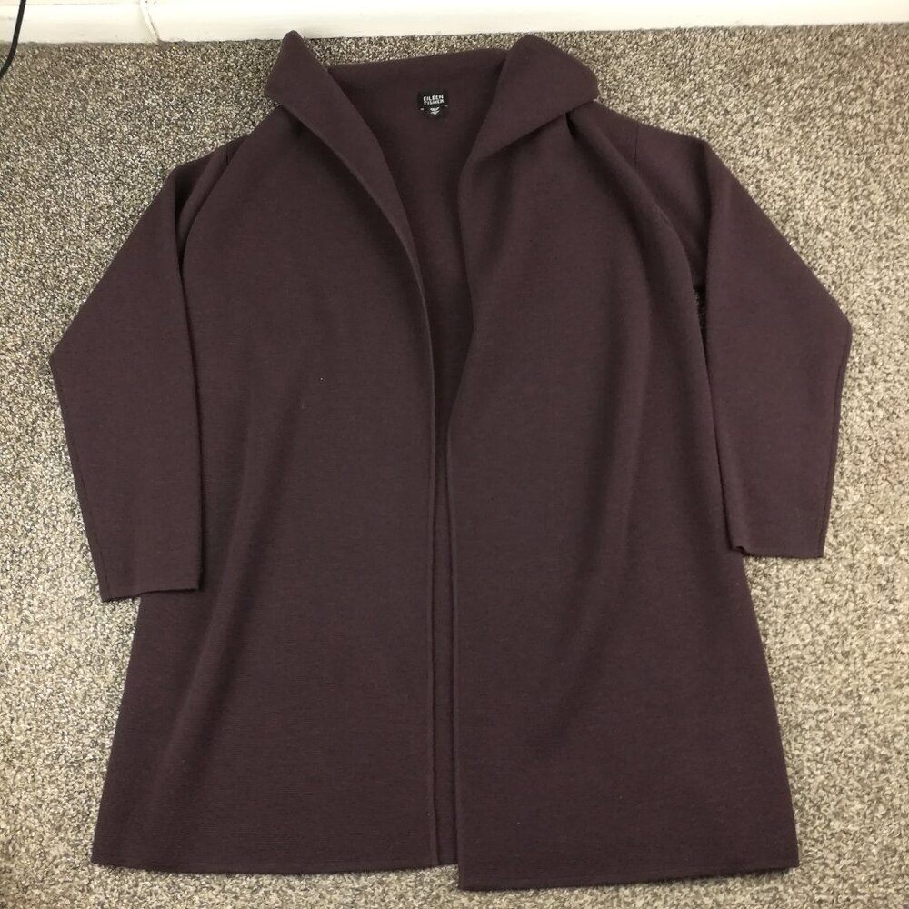 Eileen Fisher Sweater Thick Italian Merino Wool Washable Open Front Purple Small